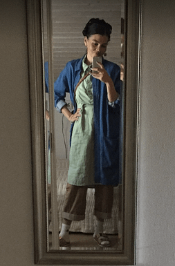 Pale green shirt dress styled with blue denim shirt Pale green shirt dress styled with blue denim shirt