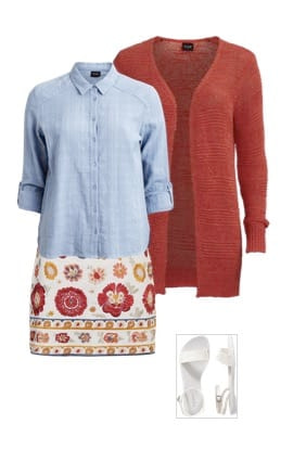 red jacket and blue shirt and skirt with floral pattern red jacket and blue shirt and skirt with floral pattern