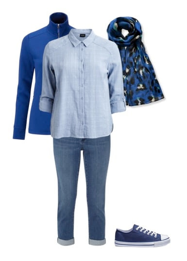 jeans and blue shirt with fleece jacket and trainers jeans and blue shirt with fleece jacket and trainers