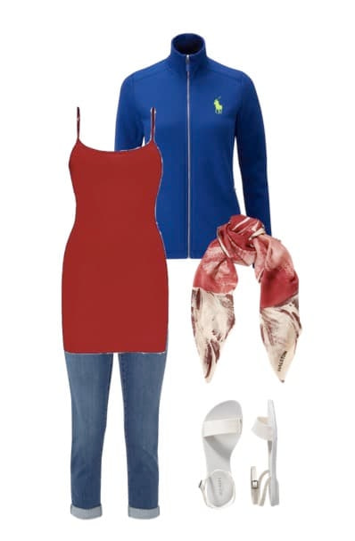 Travel outfit with blue fleece jacket red top and scarf Travel outfit with blue fleece jacket red top and scarf