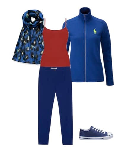 Travel outfit with blue fleece jacket red top and scarf Travel outfit with blue fleece jacket red top and scarf