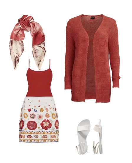 red jacket and scarf and skirt with floral pattern red jacket and scarf and skirt with floral pattern