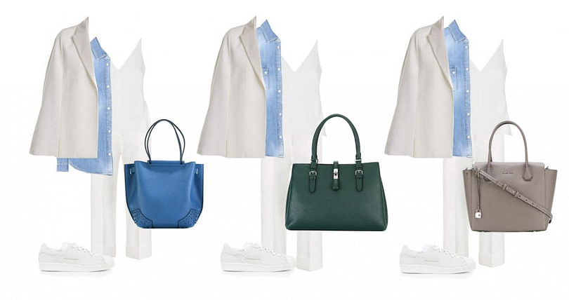 White and denim outfit with different handbags White and denim outfit with different handbags